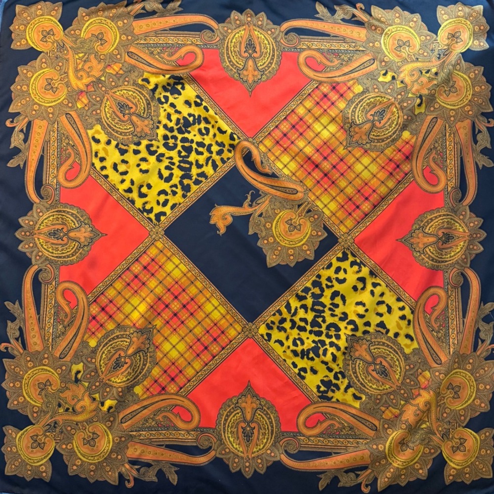 Vintage Paisley Silk Scarf Navy Blue Gold Pink Floral Pattern